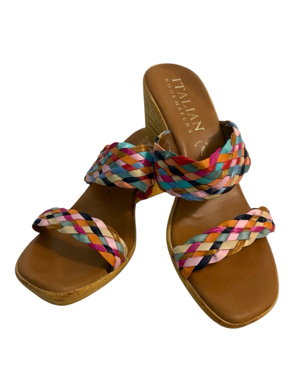 Italian Shoemakers Multicolor Braided Raffia Ribbon Wedge Sandals. Size 7.